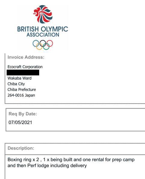 実際に英国オリンピック委員会（BOA）から送られてきた注文書の一部