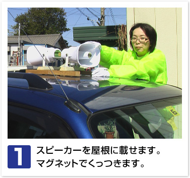 スピーカーを屋根に載せます。マグネットでくっつきます。
