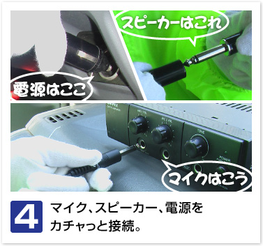 マイク、スピーカー、電源をカチャっと接続。